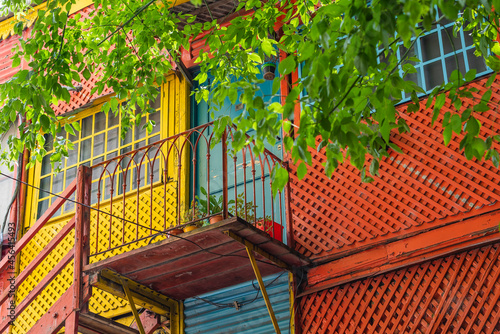 Caminito Street with stepps to a door in La Boca with the colorful buildings, Buenos Aires photo