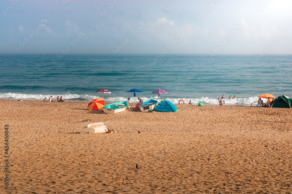seascape for boumerdas beach in algeria with people and tourists in the sand, algeria nature seascape for boumerdas beach in algeria with people and tourists in the sand, algeria nature