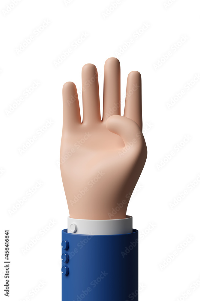 Cartoon hand making number four gesture isolated on white background. 3d illustration.