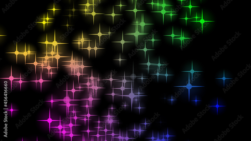 Abstract particles of stars in neon light rays. Chaotic movement in space. Beautiful background of a holiday, disco. Technological background. 3d, 4K, isolated black background. Abstract particles of stars in neon light rays. Chaotic movement in space. Beautiful background of a holiday, disco. Technological background. 3d, 4K, isolated black background.
