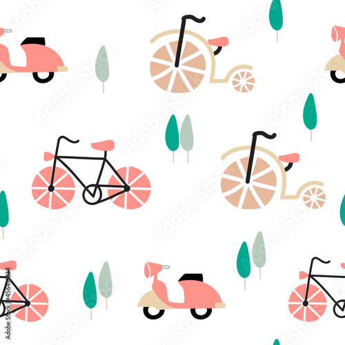 Seamless pattern motorcycle and bicycle isolated on white background
