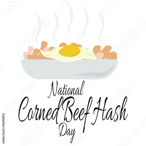 National Corned Beef Hash Day, idea for poster, banner or menu design, meat dish with fried eggs