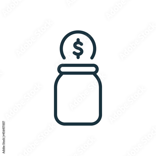 Moneybox with Falling Coin Line Icon. Glass Jar for Collect Money Linear Pictogram. Bottle for Save Cash Outline Icon. Editable Stroke. Isolated Vector Illustration