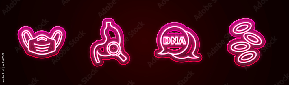 Set line Medical protective mask, Stomach with magnifying glass, DNA symbol and Hemoglobin. Glowing neon icon. Vector Set line Medical protective mask, Stomach with magnifying glass, DNA symbol and Hemoglobin. Glowing neon icon. Vector