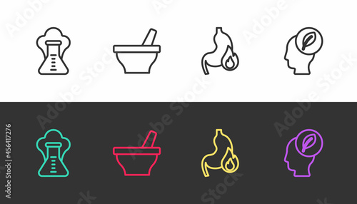 Set line Chemical explosion, Mortar and pestle, Stomach heartburn and Human head with leaf inside on black and white. Vector