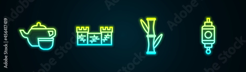 Set line Chinese tea ceremony, Great wall of China, Bamboo and paper lantern. Glowing neon icon. Vector
