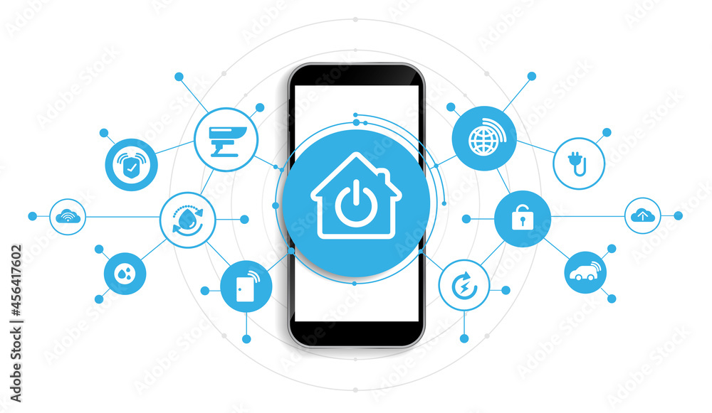 Smart home with smartphone interface icons in room interior. Concept control and modern technology on a virtual screen, user touching a button. vector design Smart home with smartphone interface icons in room interior. Concept control and modern technology on a virtual screen, user touching a button. vector design