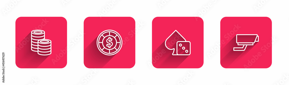 Set line Casino chips, , Game dice and Security camera with long shadow. Red square button. Vector Set line Casino chips, , Game dice and Security camera with long shadow. Red square button. Vector