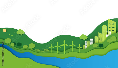 Paper cut of ecology and environment conservation creative idea concept. green eco urban city, nature and world. vector design