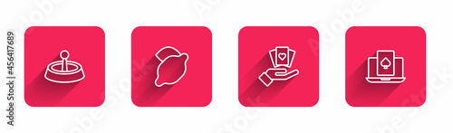 Set line Casino roulette wheel, slot machine with lemon, Hand holding playing cards and Online poker table game with long shadow. Red square button. Vector