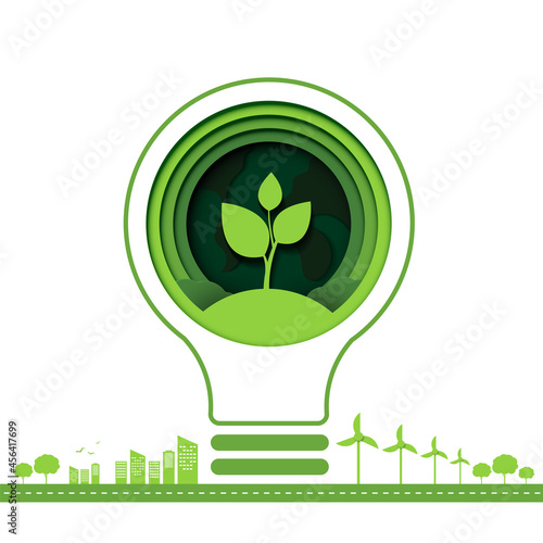 Paper art of green ecology technology and nature concept. save energy creative idea concept. light bulb with nature and environment conservation. vector design