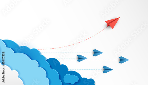 Paper plane are competition to destination up to the clouds and sky go to success goal. financial concept. leadership. creative idea. nature landscape and concept of business by paper art. vector photo