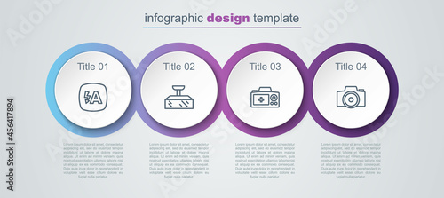 Set line Auto flash, Softbox light, Photo camera and . Business infographic template. Vector