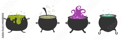 Halloween. Black vector cauldron with green witches magic broth