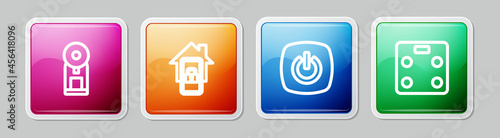 Set line Smart coffee machine, Mobile with smart home, and bathroom scales. Colorful square button. Vector