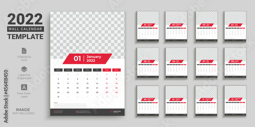 Professional Modern 2022 Wall Calendar Template, red color editable and organized. 