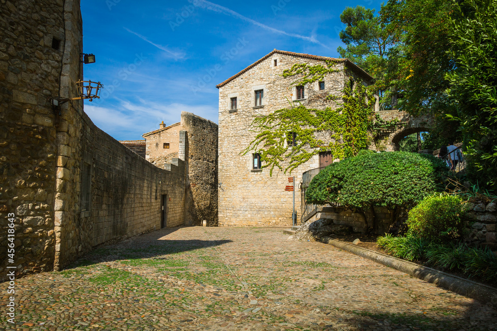 Streets of Girona - Spain, with the Girona Catedral,  Basilica de Saint Feliu, Capella de Sant Nicolau and the city walls of Girona