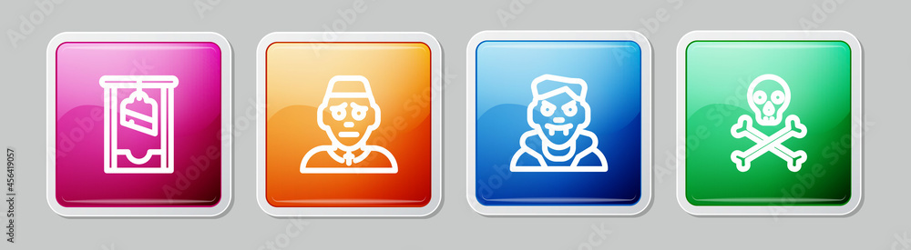 Set line Guillotine, Priest, Vampire and Skull on crossbones. Colorful square button. Vector Set line Guillotine, Priest, Vampire and Skull on crossbones. Colorful square button. Vector