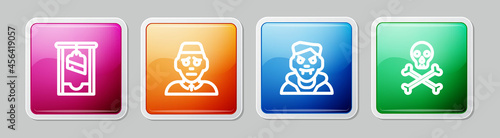 Set line Guillotine, Priest, Vampire and Skull on crossbones. Colorful square button. Vector