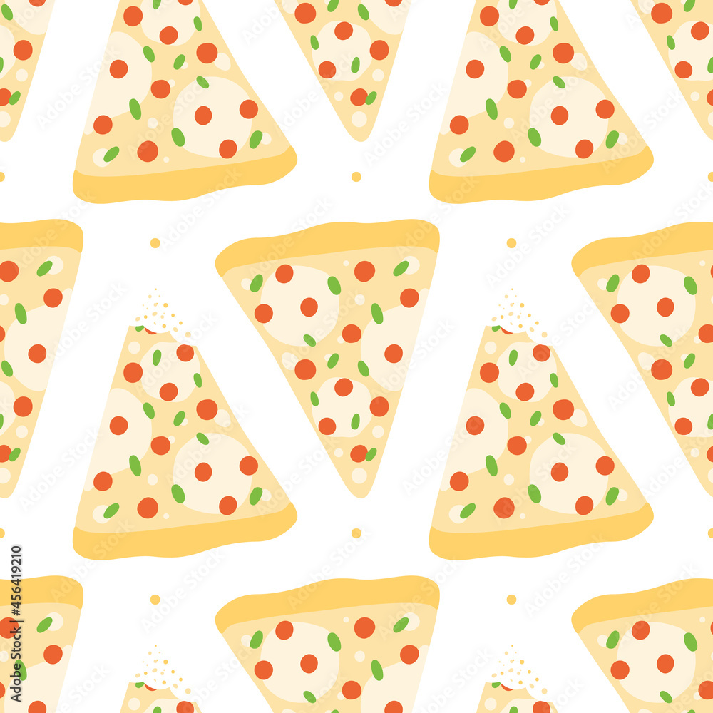 Big pizza slices with mozzarella cheese, sausages, pepperoni vector cartoon style seamless pattern background for fast food design. Big pizza slices with mozzarella cheese, sausages, pepperoni vector cartoon style seamless pattern background for fast food design.
