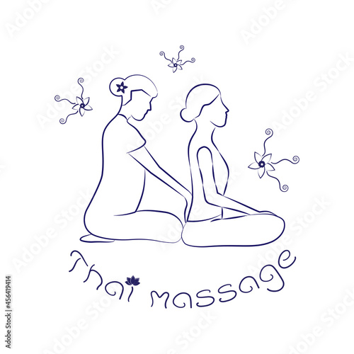 Logo thai massage. Silhouette of a woman getting traditional thai stretching massage by therapist. Thai massage concept for your web site design, app, UI. EPS10