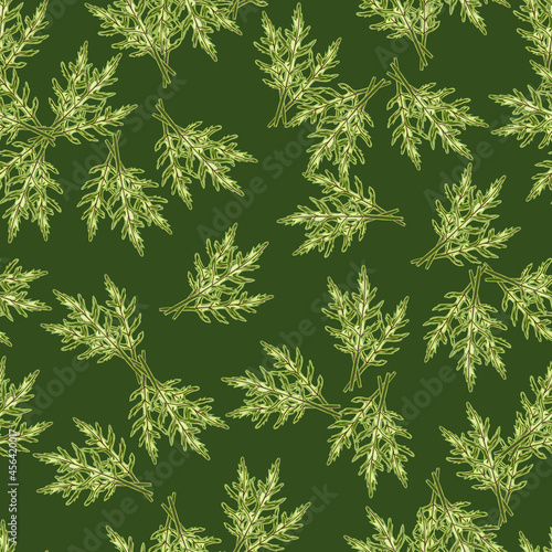 Seamless pattern bunch arugula salad on green background. Modern ornament with lettuce.