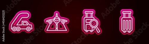 Set line Passenger ladder for plane boarding, Plane, Lost baggage and Suitcase. Glowing neon icon. Vector
