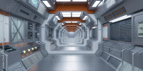 3d render. Futuristic spaceship corridor interior design