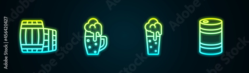 Set line Wooden barrel, Glass of beer, and Metal keg. Glowing neon icon. Vector