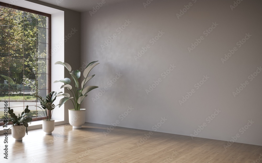 Empty room white walls with beautiful plants sideways on the floor. 3d rendering 