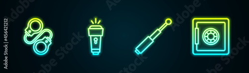 Set line Handcuffs, Flashlight, Telescopic baton and Safe. Glowing neon icon. Vector