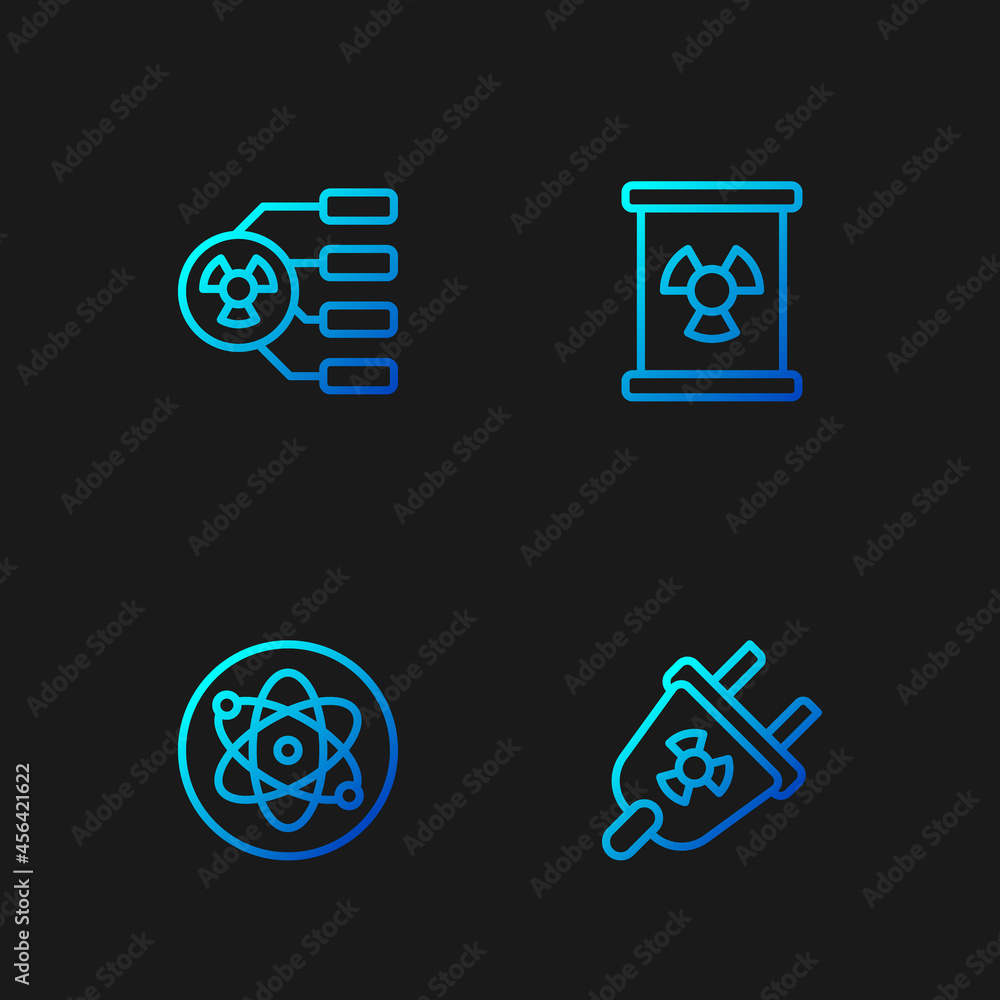 Set line Radiation electrical plug, Atom, Radioactive and waste in barrel. Gradient color icons. Vector Set line Radiation electrical plug, Atom, Radioactive and waste in barrel. Gradient color icons. Vector
