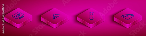 Set Isometric line Skateboard wheel, park, and stairs with rail icon. Vector
