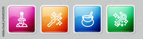 Set line Sword in the stone, Magic wand, Witch cauldron and Old magic key. Colorful square button. Vector