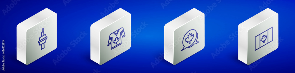 Set Isometric line TV CN Tower in Toronto, Hockey jersey, Canadian maple leaf and Flag of Canada icon. Vector Set Isometric line TV CN Tower in Toronto, Hockey jersey, Canadian maple leaf and Flag of Canada icon. Vector