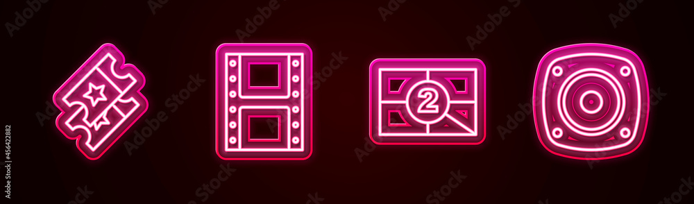 Set line Cinema ticket, Play video, Old film movie countdown frame and Stereo speaker. Glowing neon icon. Vector Set line Cinema ticket, Play video, Old film movie countdown frame and Stereo speaker. Glowing neon icon. Vector