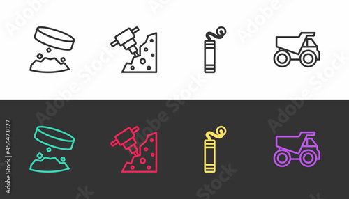 Set line Giant magnet holding iron dust, Construction jackhammer, Dynamite and Mining dump truck on black and white. Vector