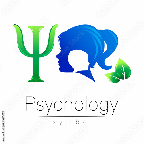 Vector Modern logo Kid Girl head and letter Psi. Logotype sign of Psychology with leaves. Profile Human. Blue color isolated on white. Creative style symbol