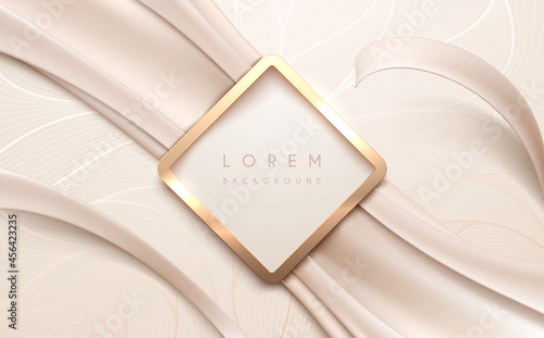 Golden frame with white silk ribbons background