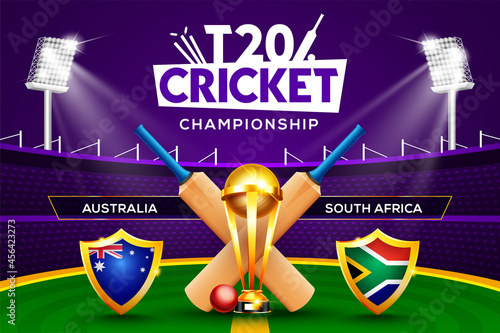 T20 Cricket Championship concept Australia vs South Africa match header or banner with cricket ball, bat and winning trophy on stadium background.