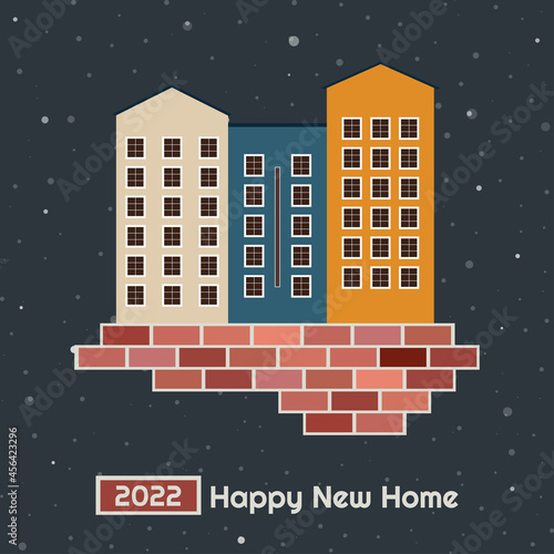 Happy New Home 2022 Abstract Card With Buildings, Bricks, Snowflakes