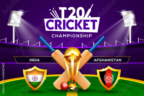 T20 Cricket Championship concept India vs Afghanistan match header or banner with cricket ball, bat and winning trophy on stadium background.