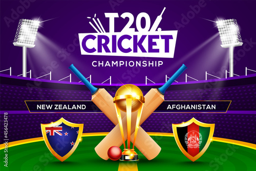 T20 Cricket Championship concept New Zealand vs Afghanistan match header or banner with cricket ball, bat and winning trophy on stadium background.
