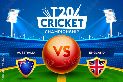 T20 Cricket Championship concept Australia vs England match header or banner with cricket ball on stadium background.