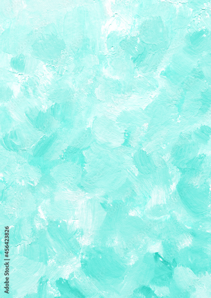 Abstract turquoise watercolor hand painted background, textured splashes effects. Trendy sunbaked mint color