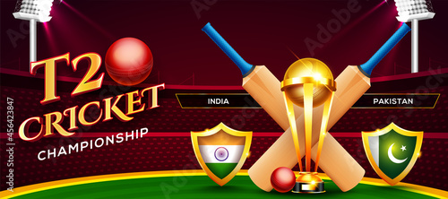 T20 Cricket Championship concept India vs Pakistan match header or banner with cricket ball, bat and winning trophy on stadium background.