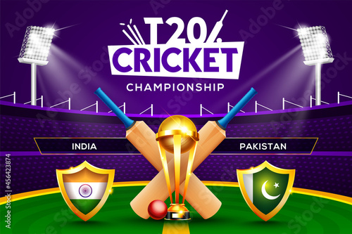 T20 Cricket Championship concept India vs Pakistan match header or banner with cricket ball, bat and winning trophy on stadium background.