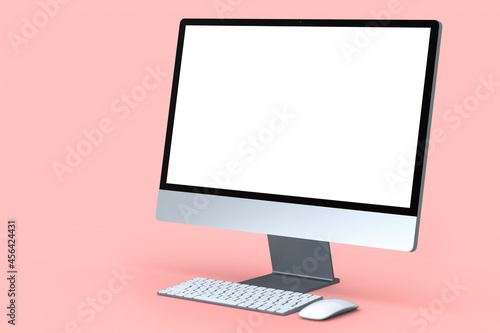 Realistic grey computer screen display with keyboard and mouse isolated on pink