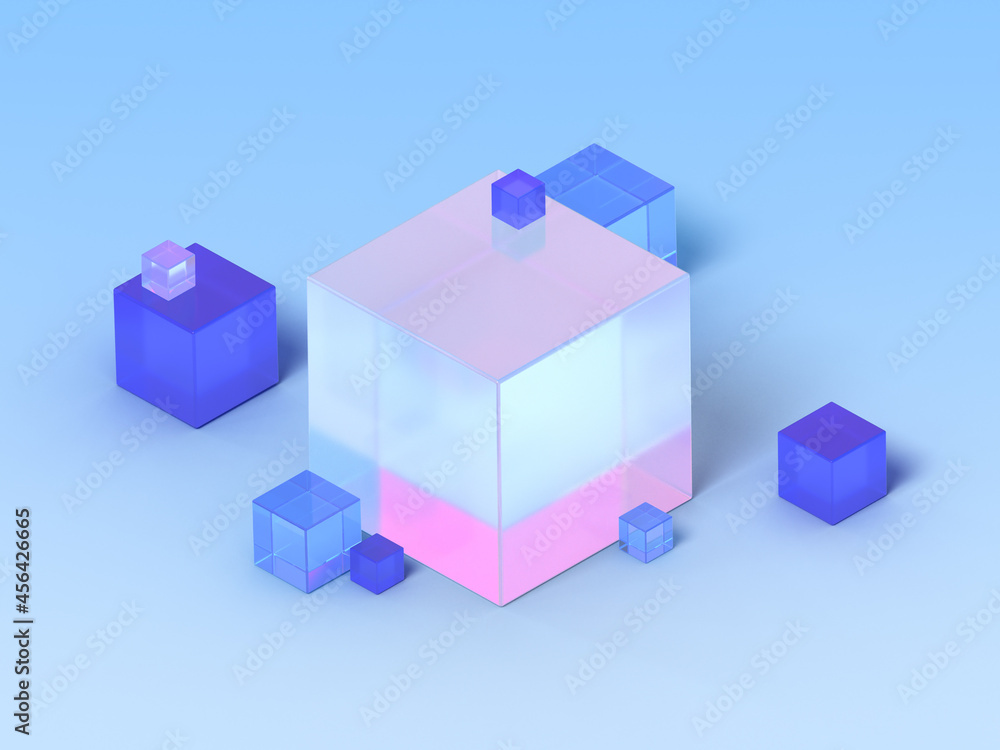 3D rendered box shapes in semi-transparent material on a blue background. Illustration of abstract cubes, geometry, or minimalism. Visualization of illusion and backgrounds. 3D rendered box shapes in semi-transparent material on a blue background. Illustration of abstract cubes, geometry, or minimalism. Visualization of illusion and backgrounds.
