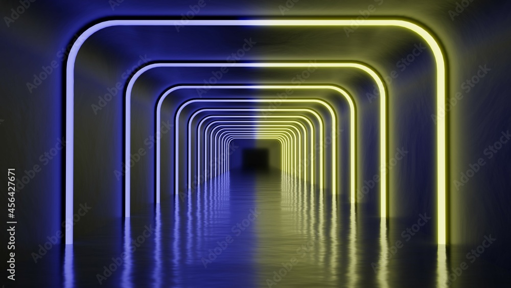 Illuminated dark corridor interior design tunnel with futuristic gradient Sci Fi neon glowing bright light 3D rendering illustration Illuminated dark corridor interior design tunnel with futuristic gradient Sci Fi neon glowing bright light 3D rendering illustration